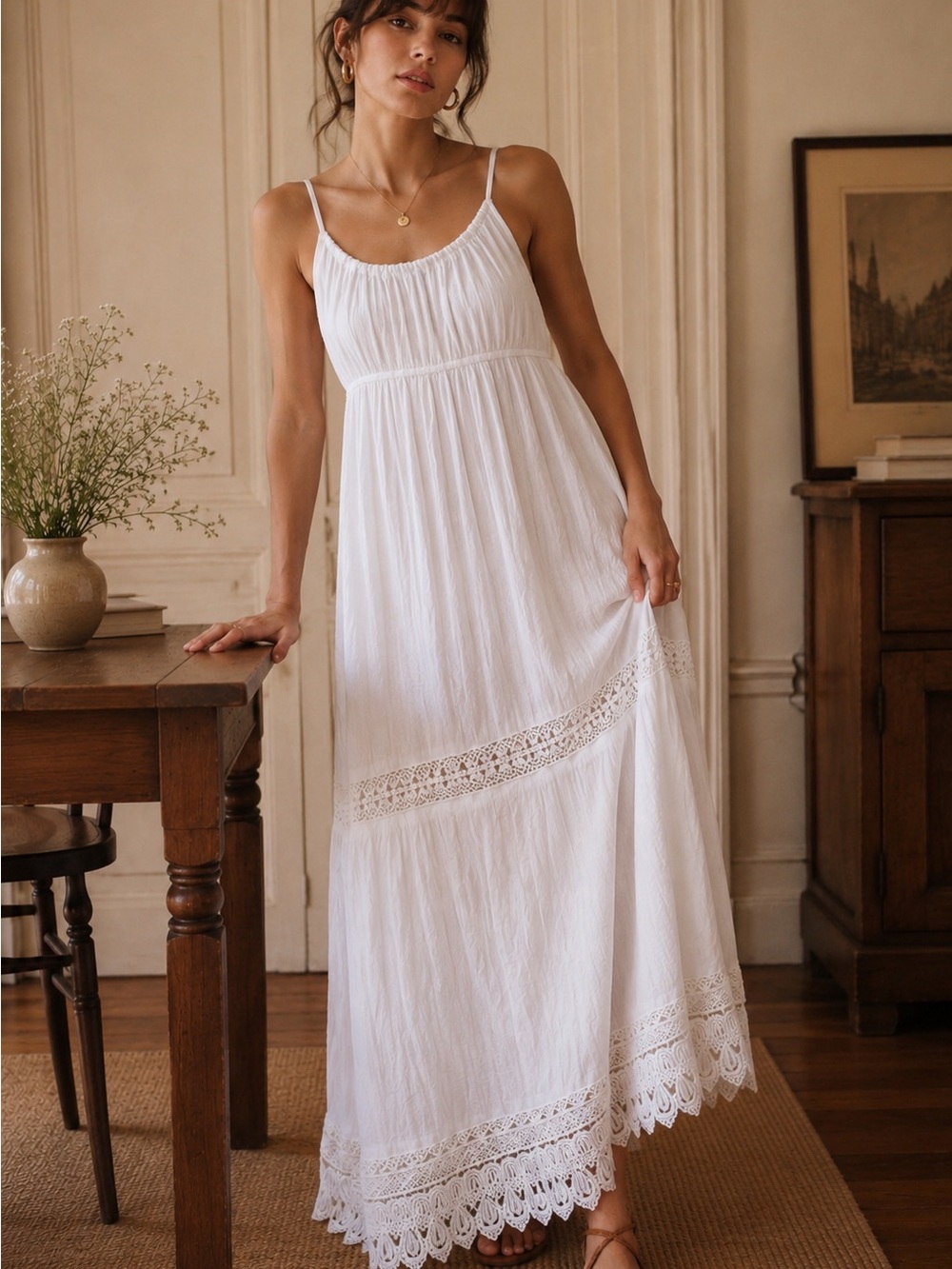 White Maxi Sundress with Lace Trim